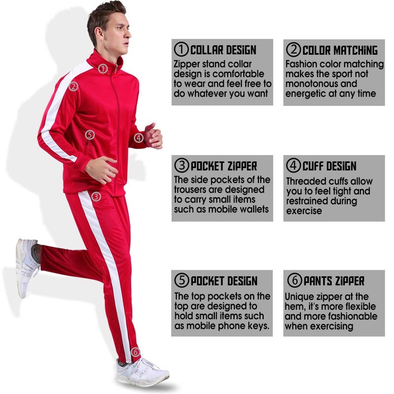 Shinestone Men's Sport Casual Tracksuit Warm Up Tracksuit Gym Training Wear for Christmas (Red, Medium) - Image 3